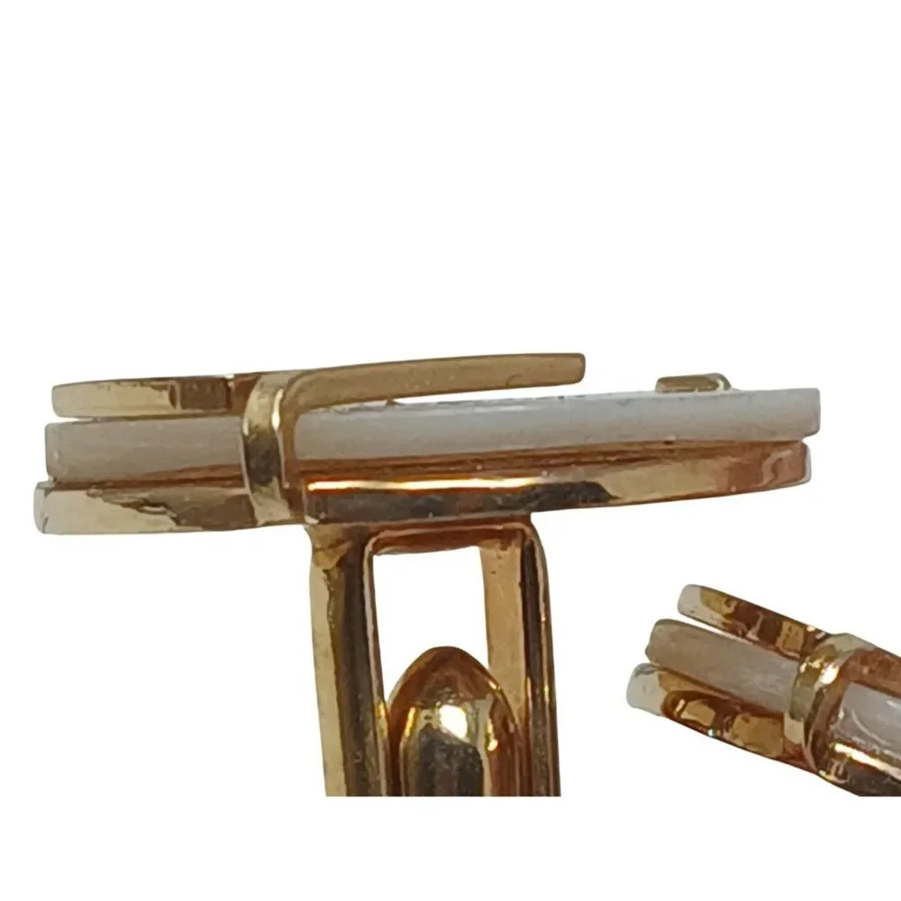 Vintage Gold Tone & Mother Of Pearl Round Cufflinks With Geometric Design #J-4